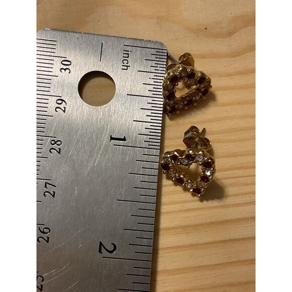 Vintage Gold-Tone Heart Earrings With Red & White Rhinestones - Picture 2 of 4